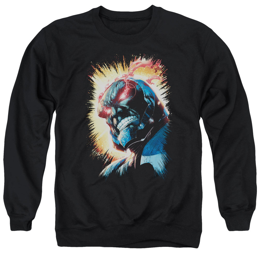 AN OFFCIALLY LICENSED JLA DARKSEID IS ADULT UNISEX CREWNECK SWEATSHIRT BLACK