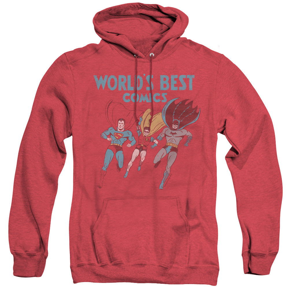AN OFFCIALLY LICENSED JLA WORLDS BEST ADULT UNISEX HEATHER PULLOVER HOODIE RED