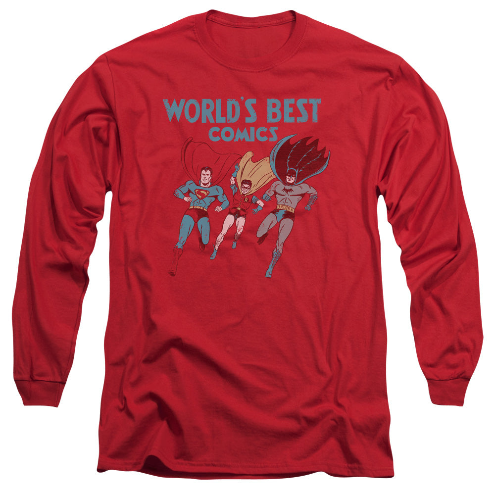 AN OFFCIALLY LICENSED JLA WORLDS BEST MEN'S LONG SLEEVE T-SHIRT RED