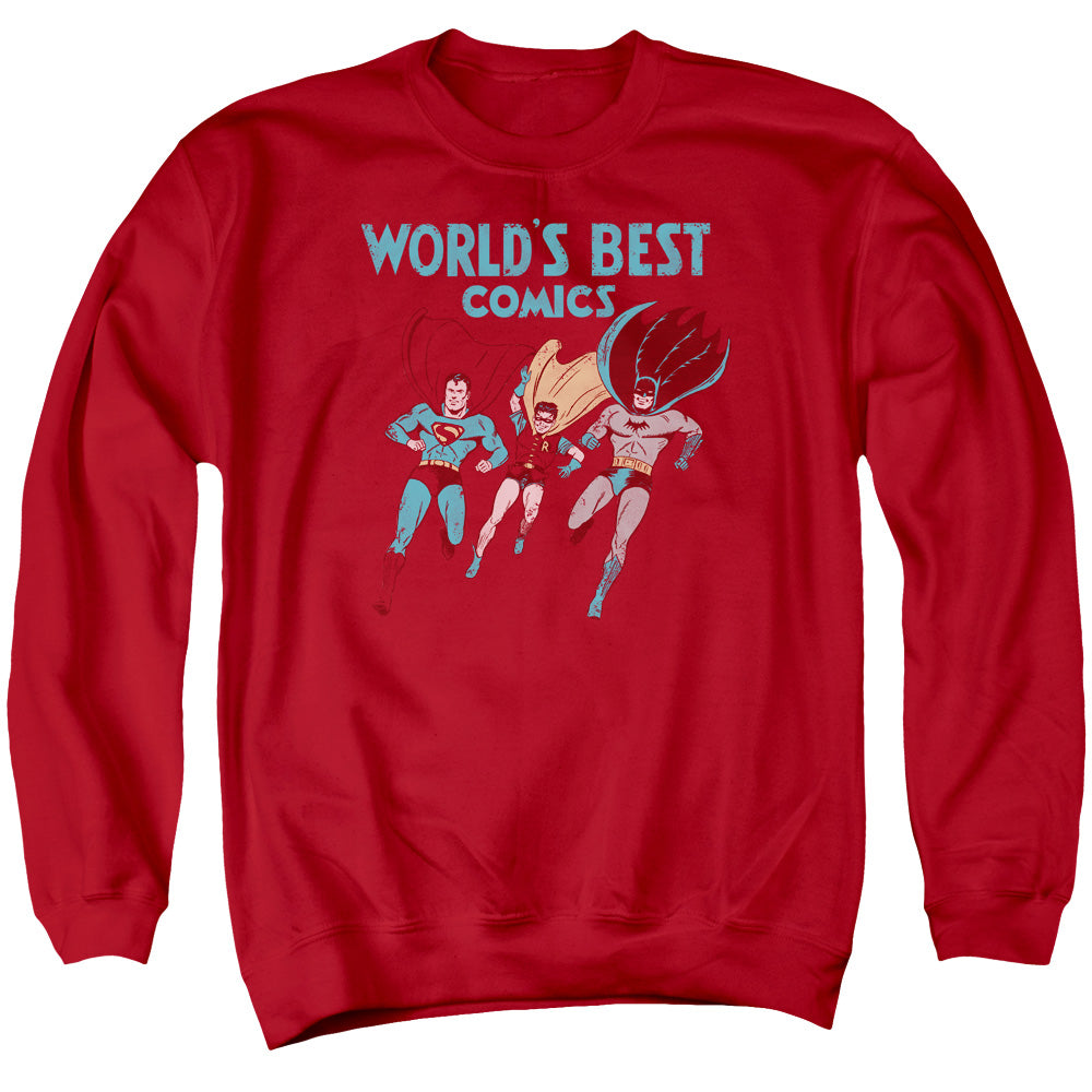 AN OFFCIALLY LICENSED JLA WORLDS BEST ADULT UNISEX CREWNECK SWEATSHIRT RED