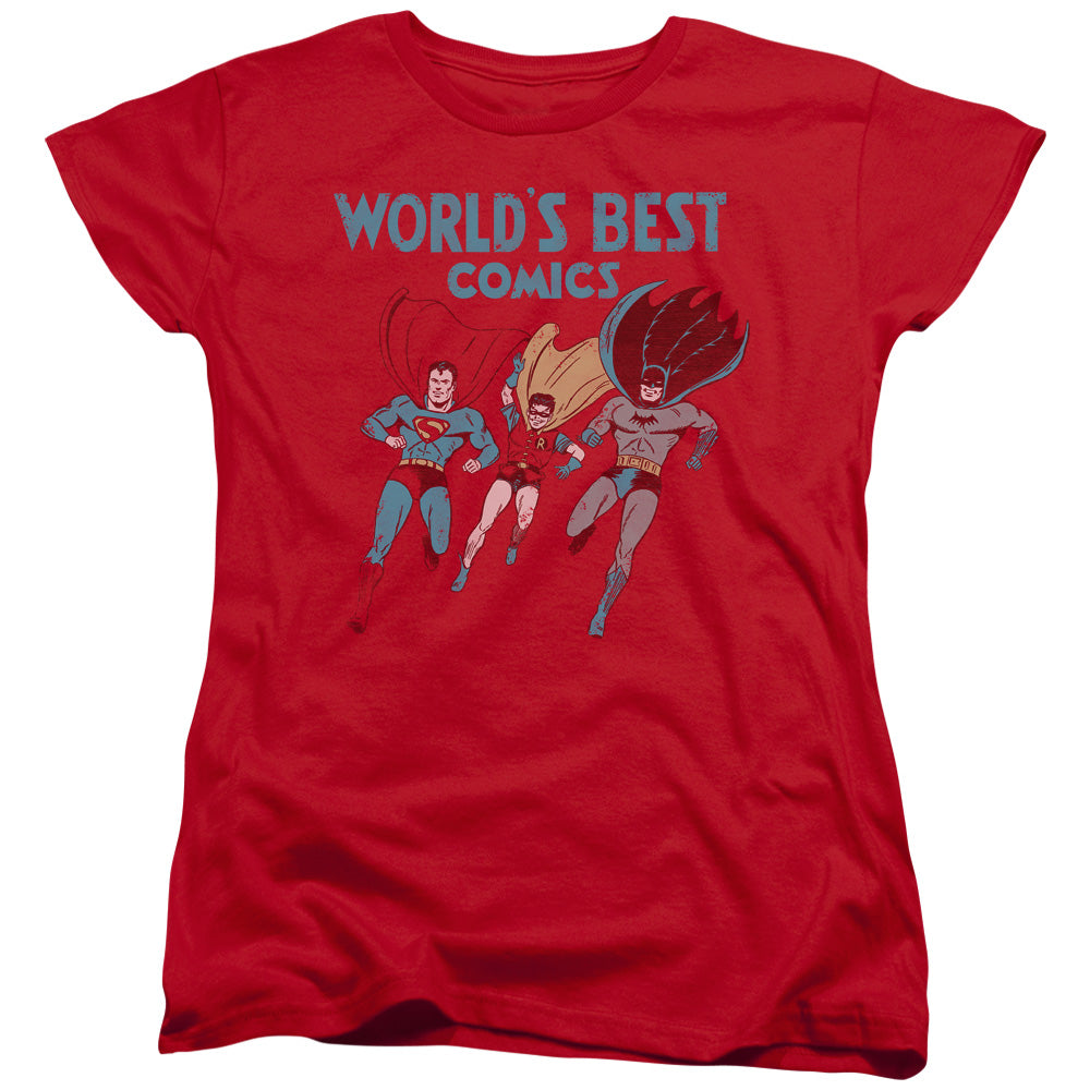 AN OFFCIALLY LICENSED JLA WORLDS BEST WOMEN'S REGULAR FIT T-SHIRT RED