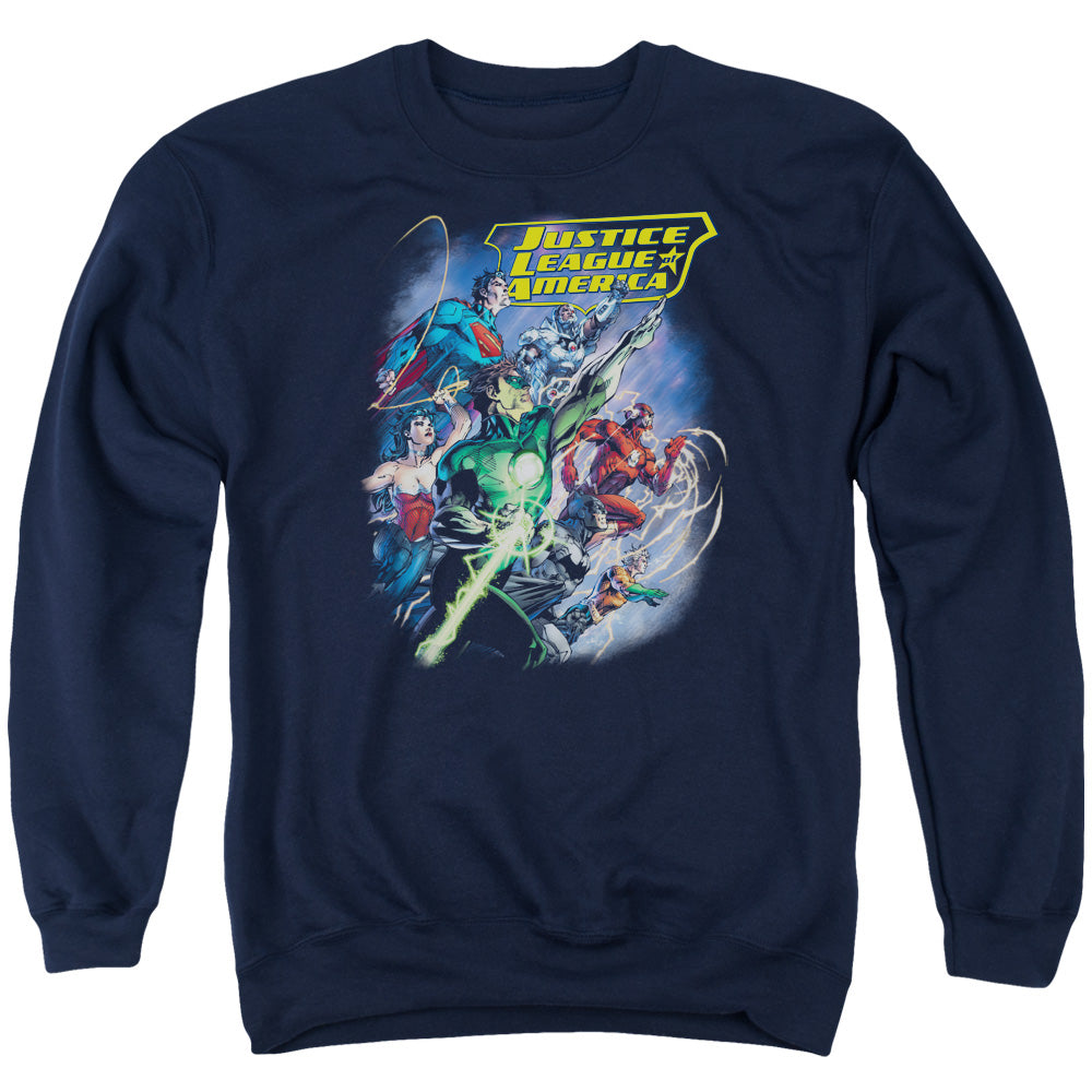 AN OFFCIALLY LICENSED JLA ONWARD ADULT UNISEX CREWNECK SWEATSHIRT NAVY