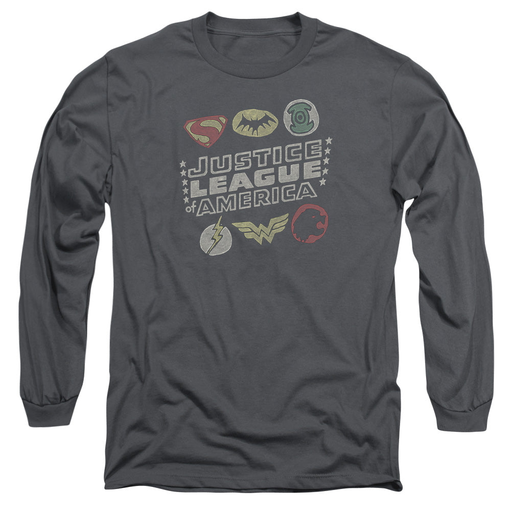 AN OFFCIALLY LICENSED JLA SYMBOLS MEN'S LONG SLEEVE T-SHIRT CHARCOAL