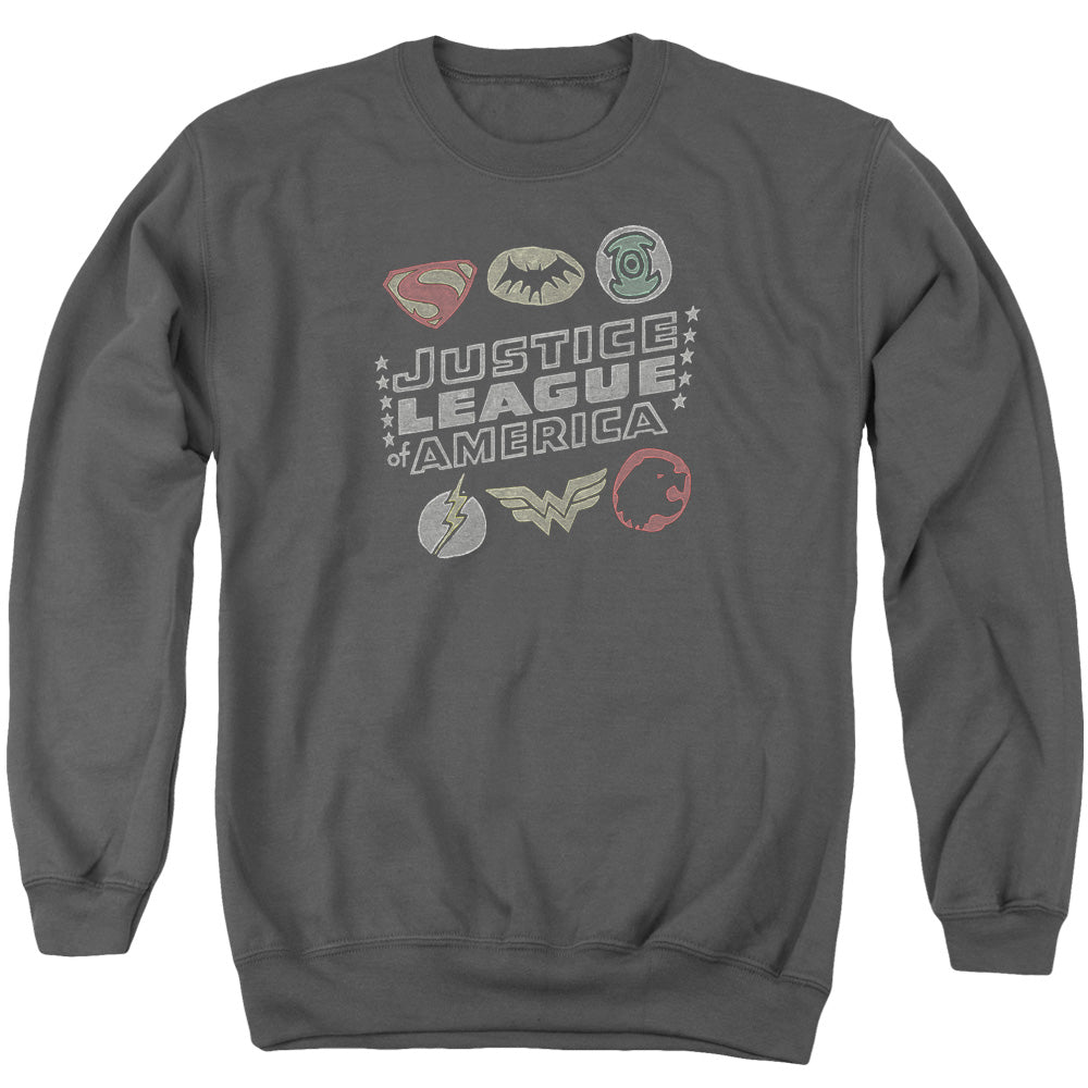 AN OFFCIALLY LICENSED JLA SYMBOLS ADULT UNISEX CREWNECK SWEATSHIRT CHARCOAL
