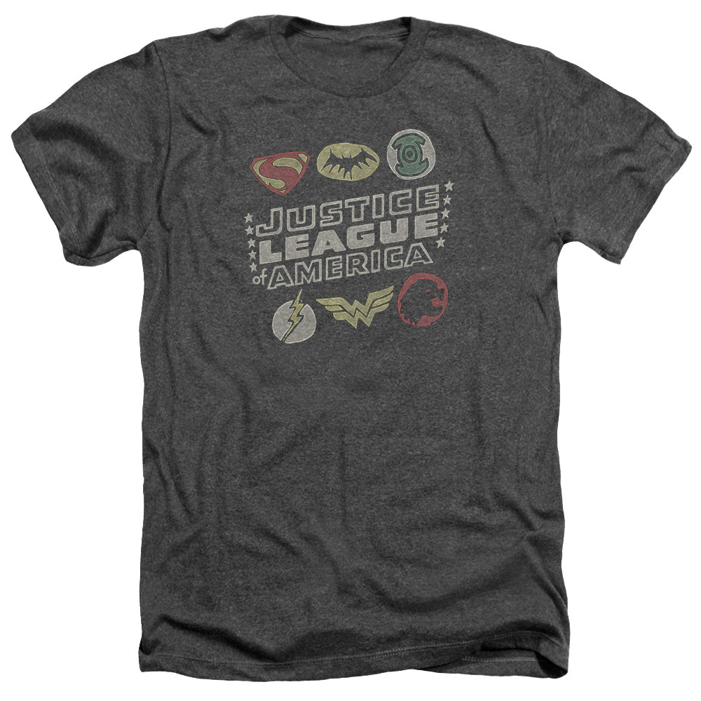 AN OFFCIALLY LICENSED JLA SYMBOLS MEN'S HEATHER T-SHIRT CHARCOAL