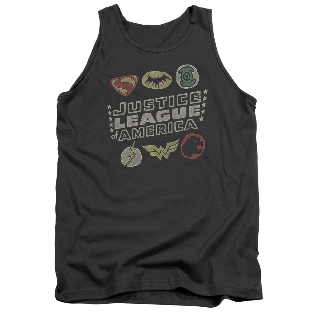 AN OFFCIALLY LICENSED JLA SYMBOLS ADULT UNISEX TANK TOP CHARCOAL