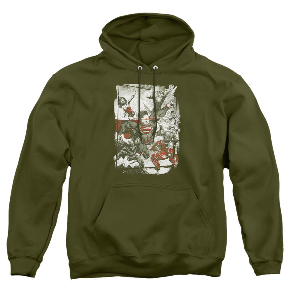 AN OFFCIALLY LICENSED JLA GREEN AND RED ADULT UNISEX PULLOVER HOODIE MILITARY GREEN