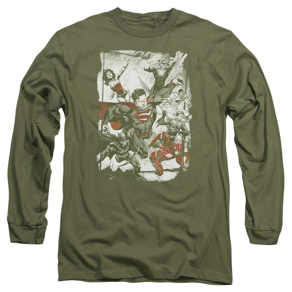 AN OFFCIALLY LICENSED JLA GREEN AND RED MEN'S LONG SLEEVE T-SHIRT MILITARY GREEN