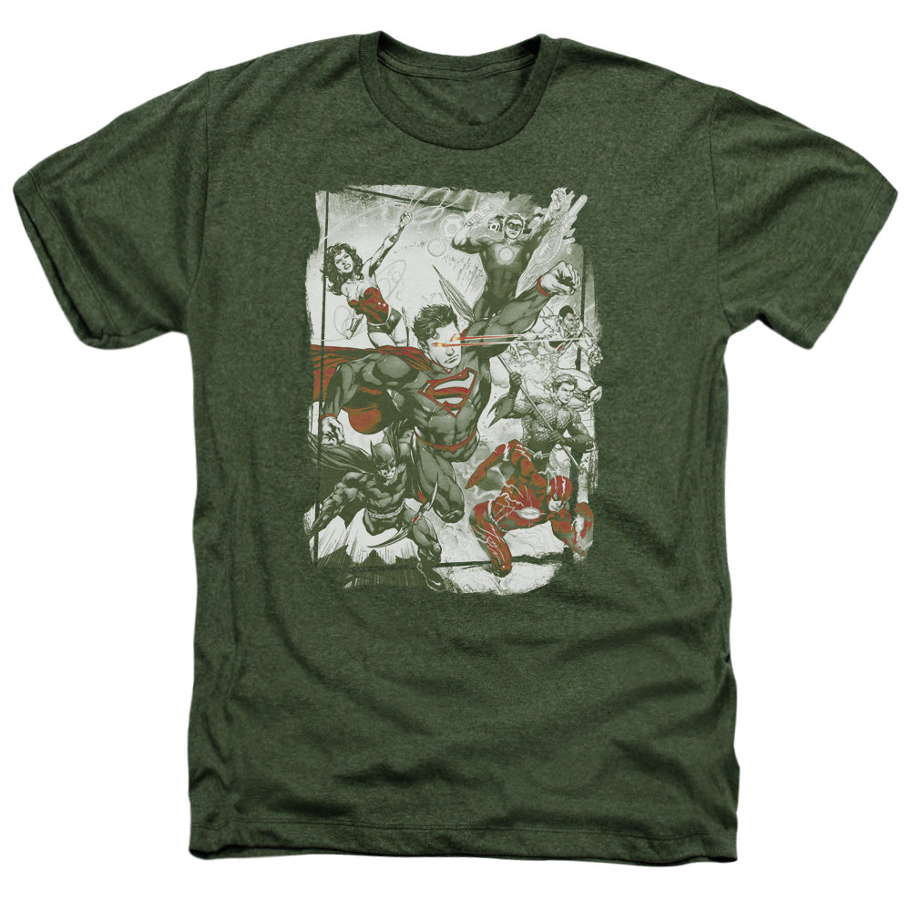 AN OFFCIALLY LICENSED JLA GREEN AND RED MEN'S HEATHER T-SHIRT MILITARY GREEN