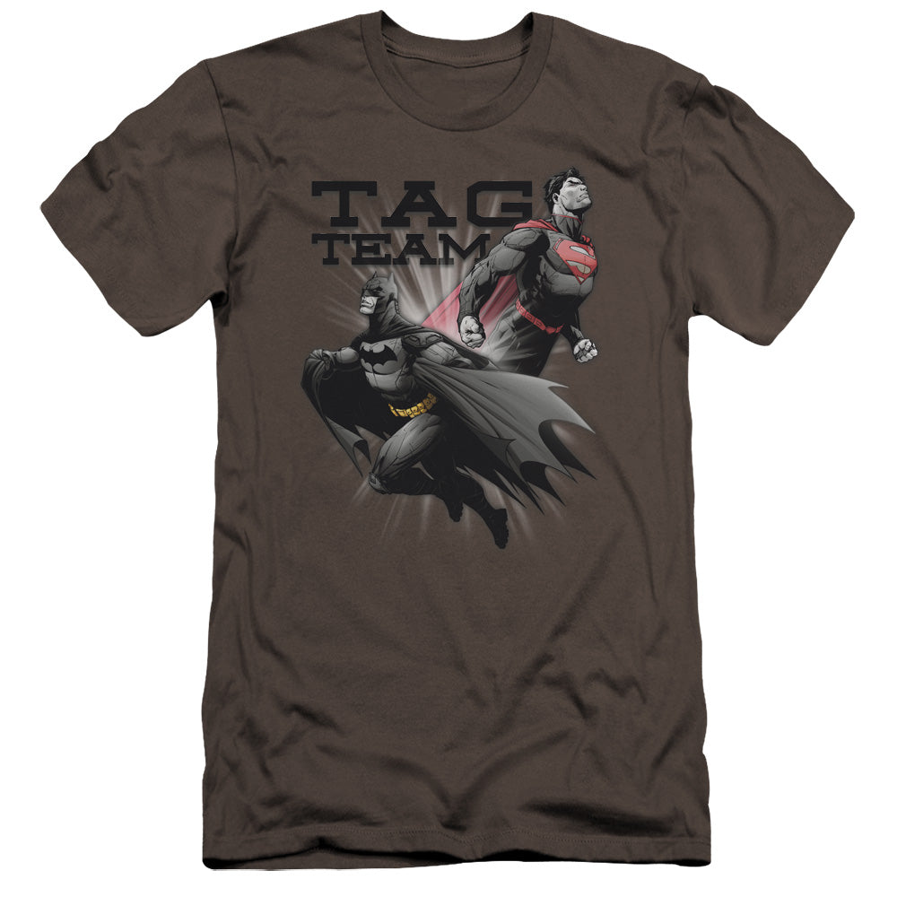 AN OFFCIALLY LICENSED JLA TAG TEAM MEN'S PREMIUM SLIM FIT T-SHIRT CHARCOAL