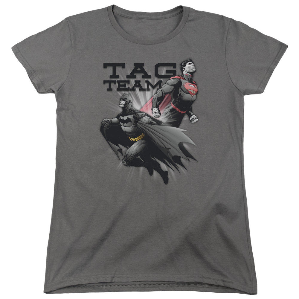AN OFFCIALLY LICENSED JLA TAG TEAM WOMEN'S REGULAR FIT T-SHIRT CHARCOAL