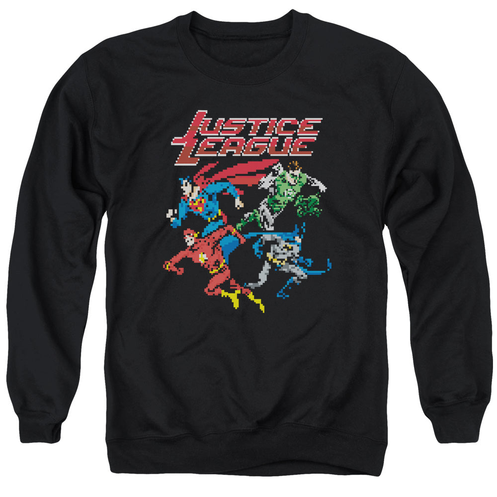 AN OFFCIALLY LICENSED JLA PIXEL LEAGUE ADULT UNISEX CREWNECK SWEATSHIRT BLACK