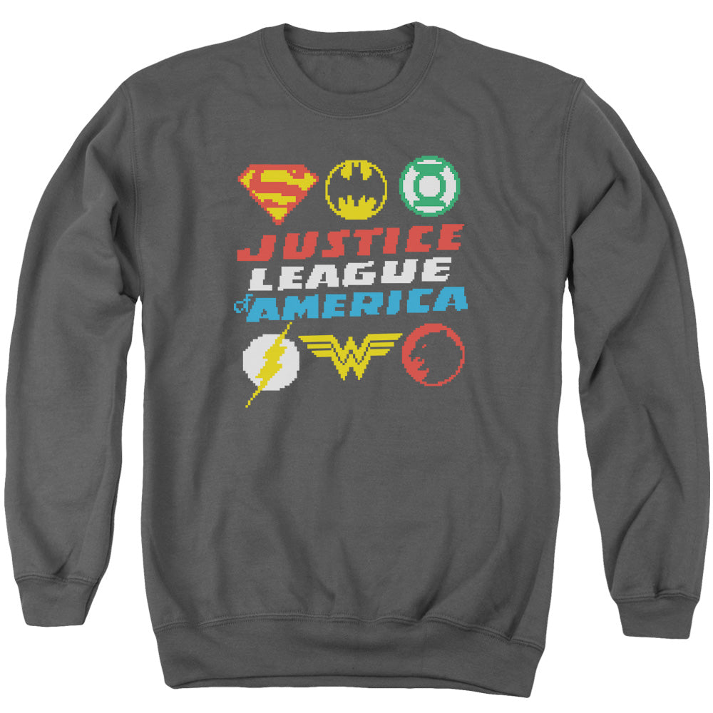AN OFFCIALLY LICENSED JLA PIXEL LOGOS ADULT UNISEX CREWNECK SWEATSHIRT CHARCOAL