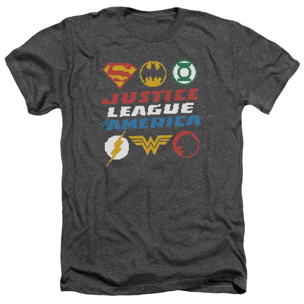AN OFFCIALLY LICENSED JLA PIXEL LOGOS MEN'S HEATHER T-SHIRT CHARCOAL