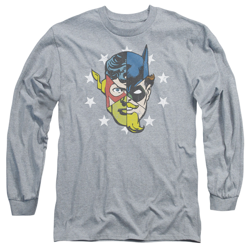 AN OFFCIALLY LICENSED JLA FACE OFF MEN'S LONG SLEEVE T-SHIRT ATHLETIC HEATHER