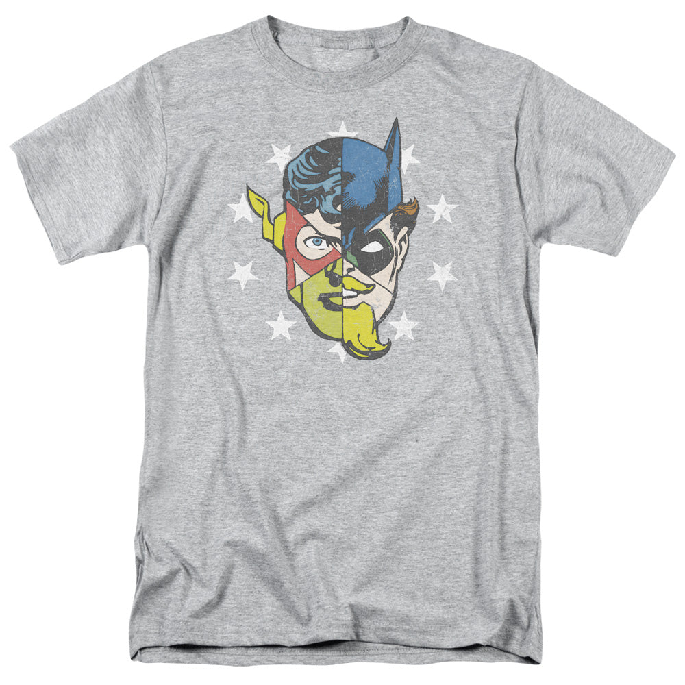 AN OFFCIALLY LICENSED JLA FACE OFF MEN'S REGULAR FIT T-SHIRT ATHLETIC HEATHER