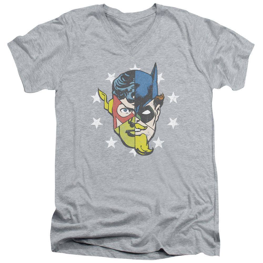 AN OFFCIALLY LICENSED JLA FACE OFF MEN'S V-NECK T-SHIRT ATHLETIC HEATHER