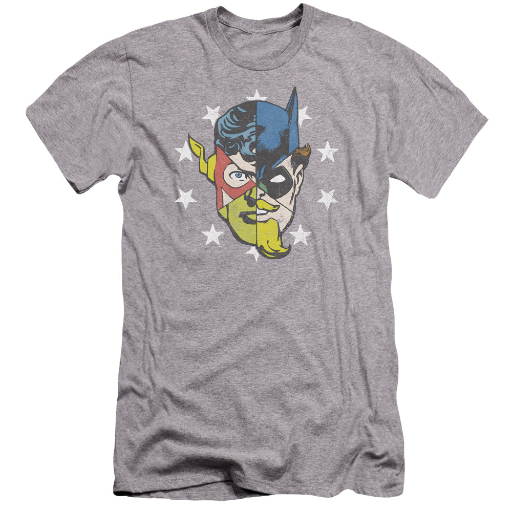 AN OFFCIALLY LICENSED JLA FACE OFF MEN'S PREMIUM SLIM FIT T-SHIRT ATHLETIC HEATHER
