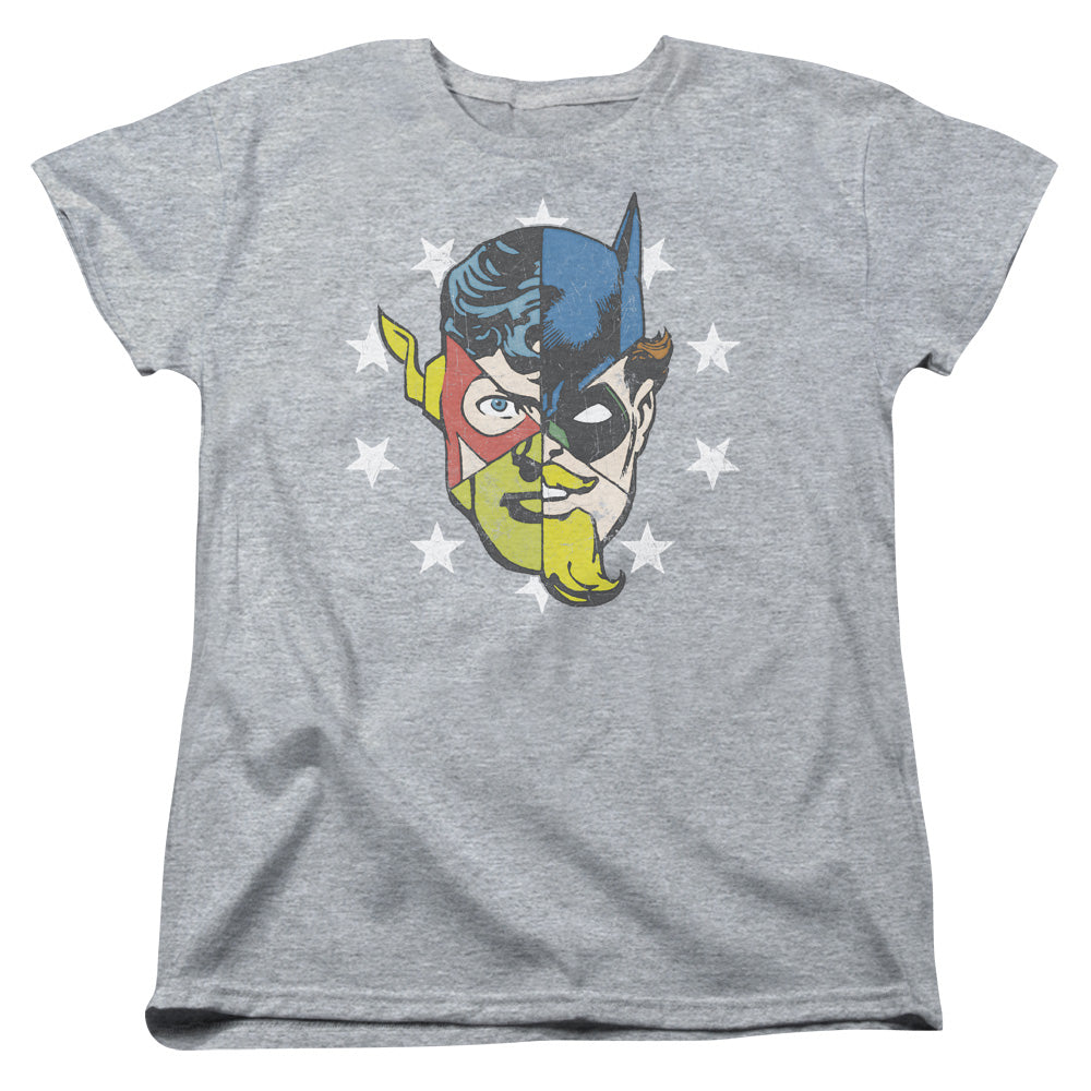 AN OFFCIALLY LICENSED JLA FACE OFF WOMEN'S REGULAR FIT T-SHIRT ATHLETIC HEATHER
