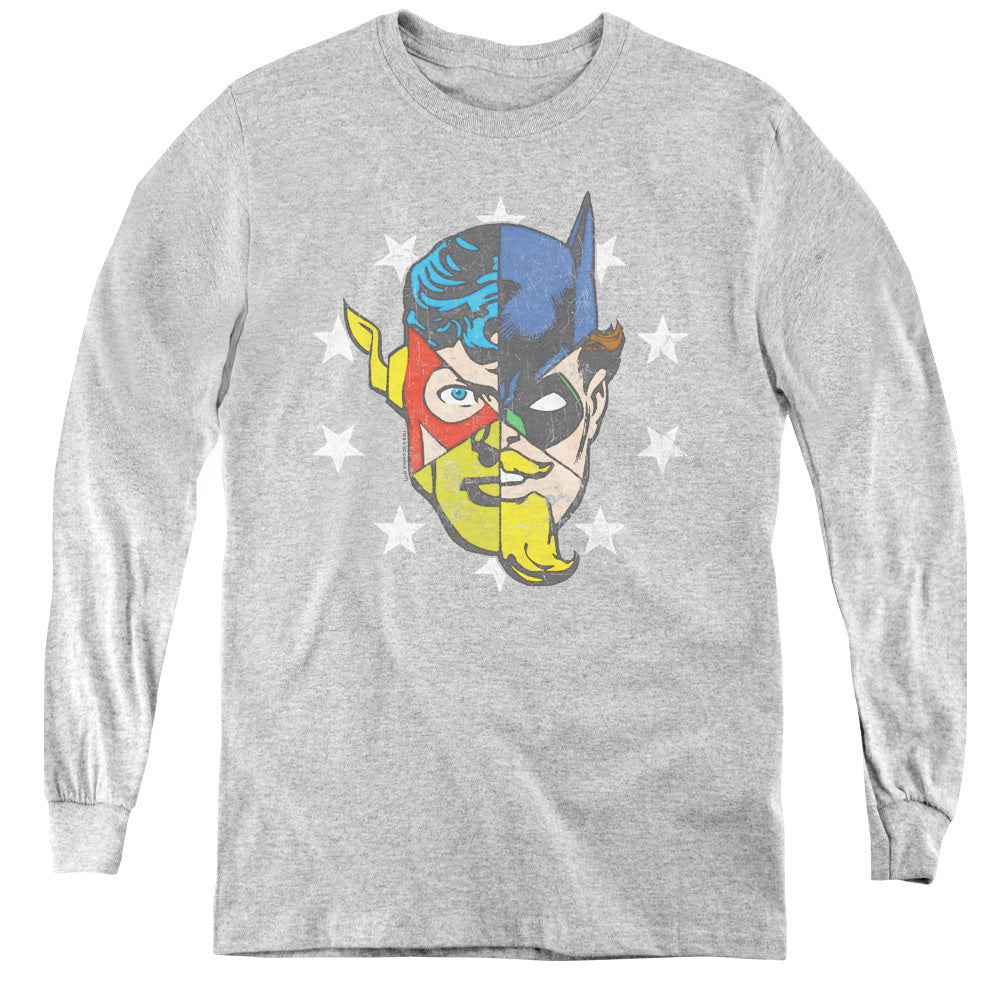 AN OFFCIALLY LICENSED JLA FACE OFF YOUTH LONG SLEEVE T-SHIRT ATHLETIC HEATHER