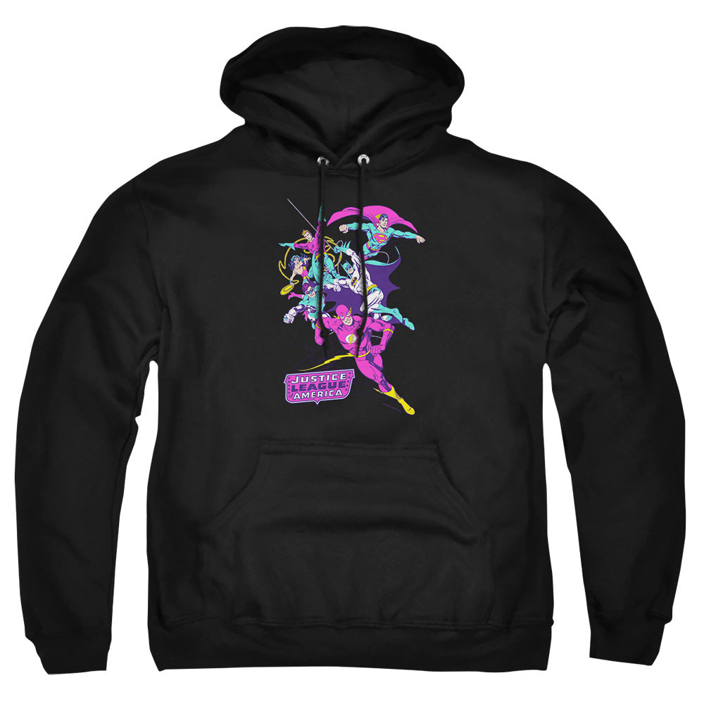 AN OFFCIALLY LICENSED JLA COLORFUL LEAGUE ADULT UNISEX PULLOVER HOODIE BLACK