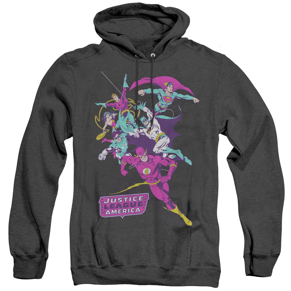 AN OFFCIALLY LICENSED JLA COLORFUL LEAGUE ADULT UNISEX HEATHER PULLOVER HOODIE BLACK