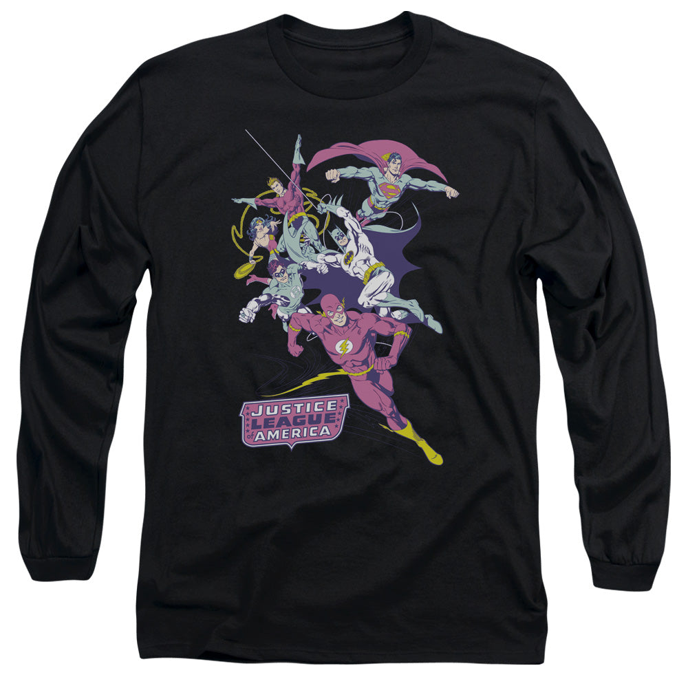 AN OFFCIALLY LICENSED JLA COLORFUL LEAGUE MEN'S LONG SLEEVE T-SHIRT BLACK