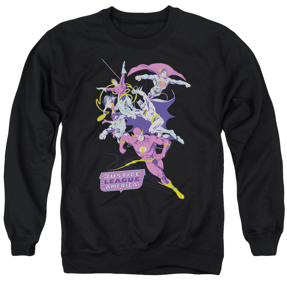 AN OFFCIALLY LICENSED JLA COLORFUL LEAGUE ADULT UNISEX CREWNECK SWEATSHIRT BLACK