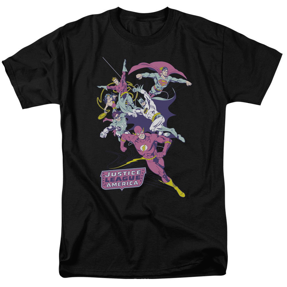 AN OFFCIALLY LICENSED JLA COLORFUL LEAGUE MEN'S REGULAR FIT T-SHIRT BLACK