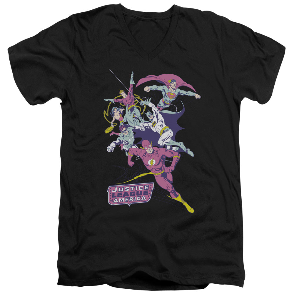 AN OFFCIALLY LICENSED JLA COLORFUL LEAGUE MEN'S V-NECK T-SHIRT BLACK