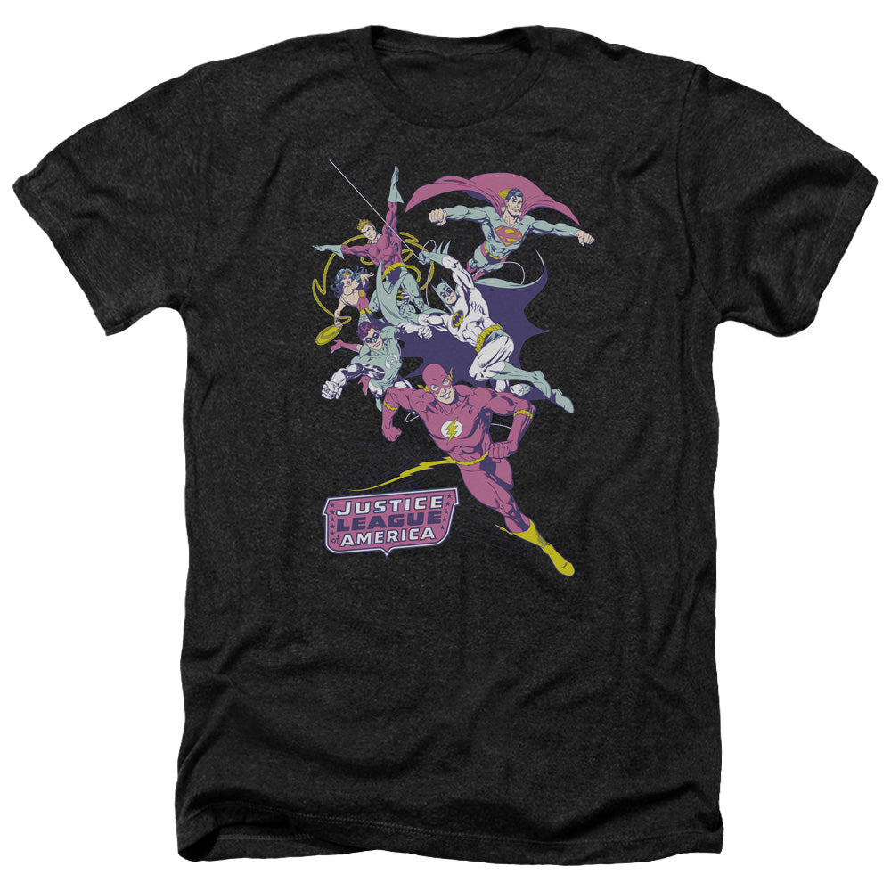 AN OFFCIALLY LICENSED JLA COLORFUL LEAGUE MEN'S HEATHER T-SHIRT CHARCOAL