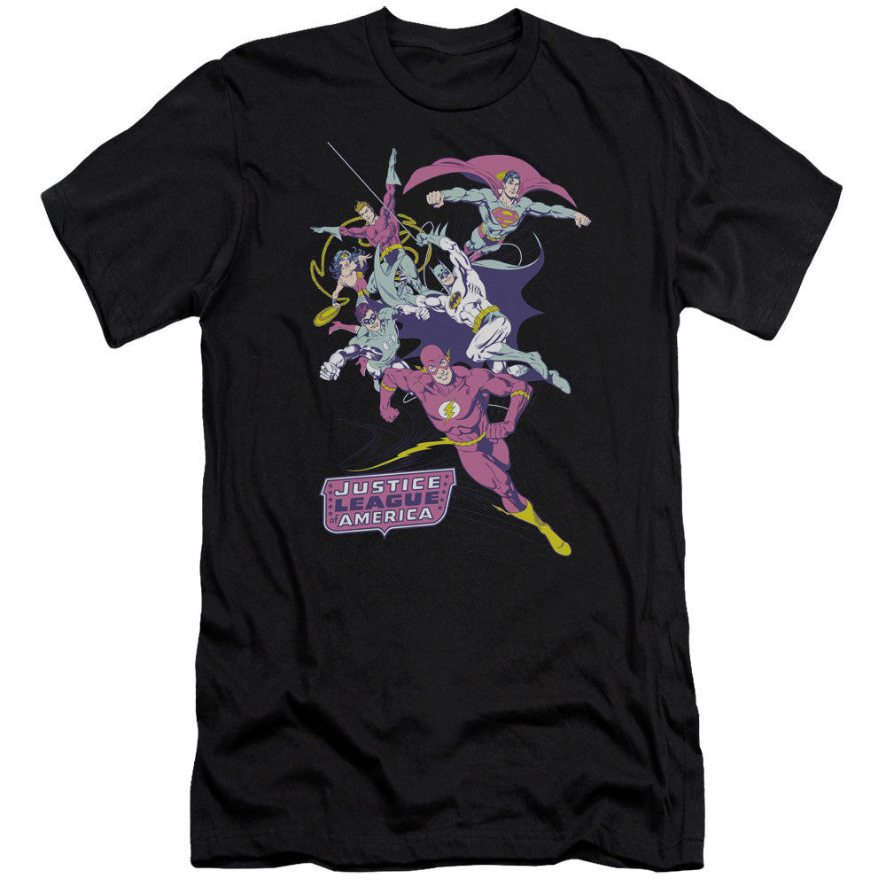 AN OFFCIALLY LICENSED JLA COLORFUL LEAGUE MEN'S PREMIUM SLIM FIT T-SHIRT BLACK