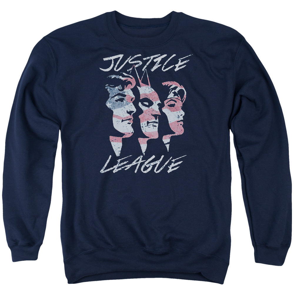 AN OFFCIALLY LICENSED JLA JUSTICE FOR AMERICA ADULT UNISEX CREWNECK SWEATSHIRT NAVY