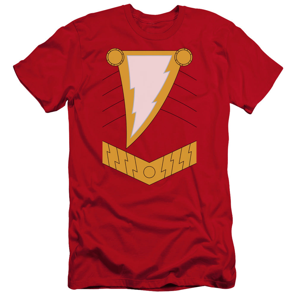AN OFFCIALLY LICENSED JLA SHAZAM MEN'S PREMIUM SLIM FIT T-SHIRT RED