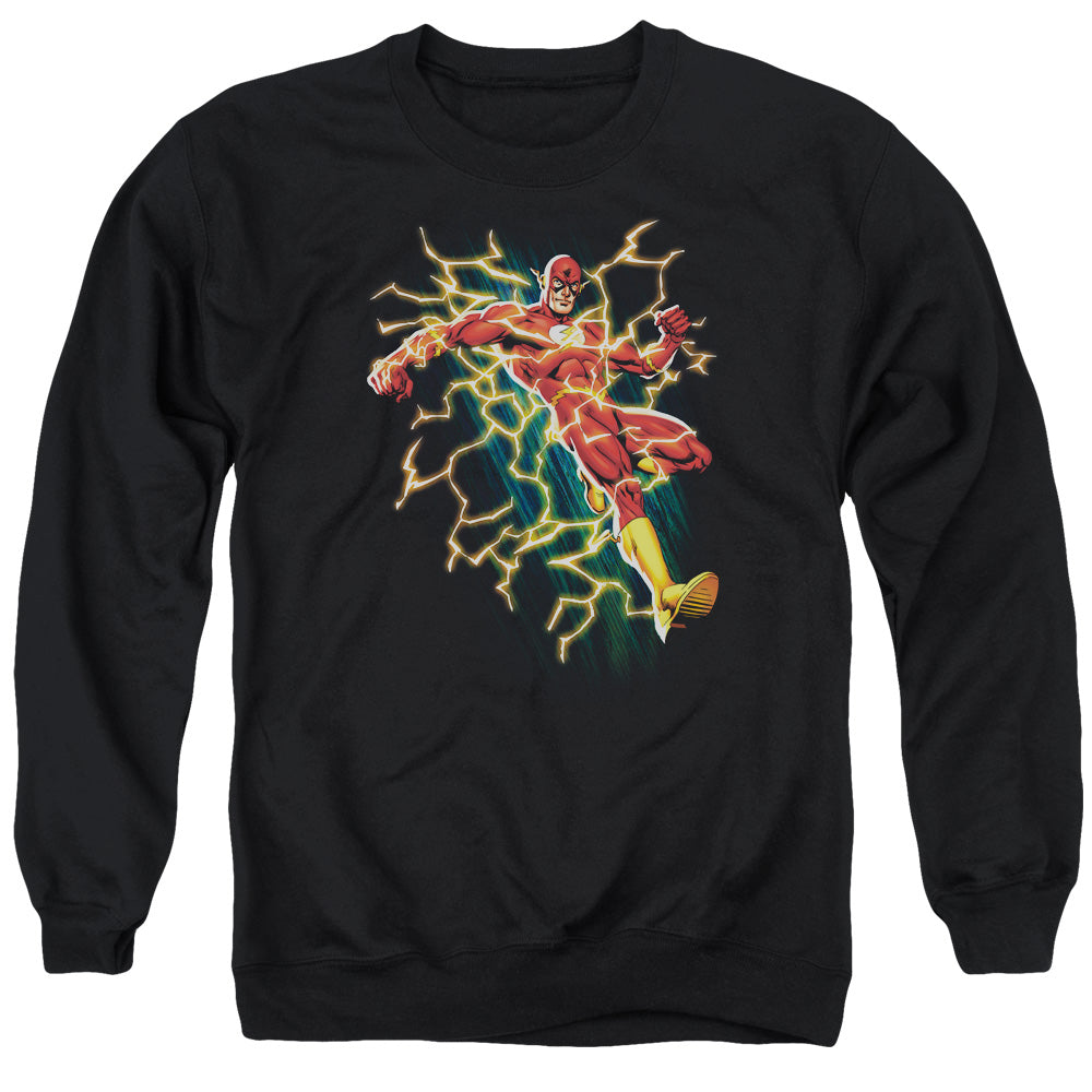 AN OFFCIALLY LICENSED JLA FLASH SYMBOL KNOCKOUT ADULT UNISEX CREWNECK SWEATSHIRT BLACK