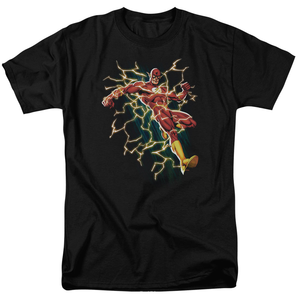 AN OFFCIALLY LICENSED JLA FLASH SYMBOL KNOCKOUT MEN'S REGULAR FIT T-SHIRT BLACK