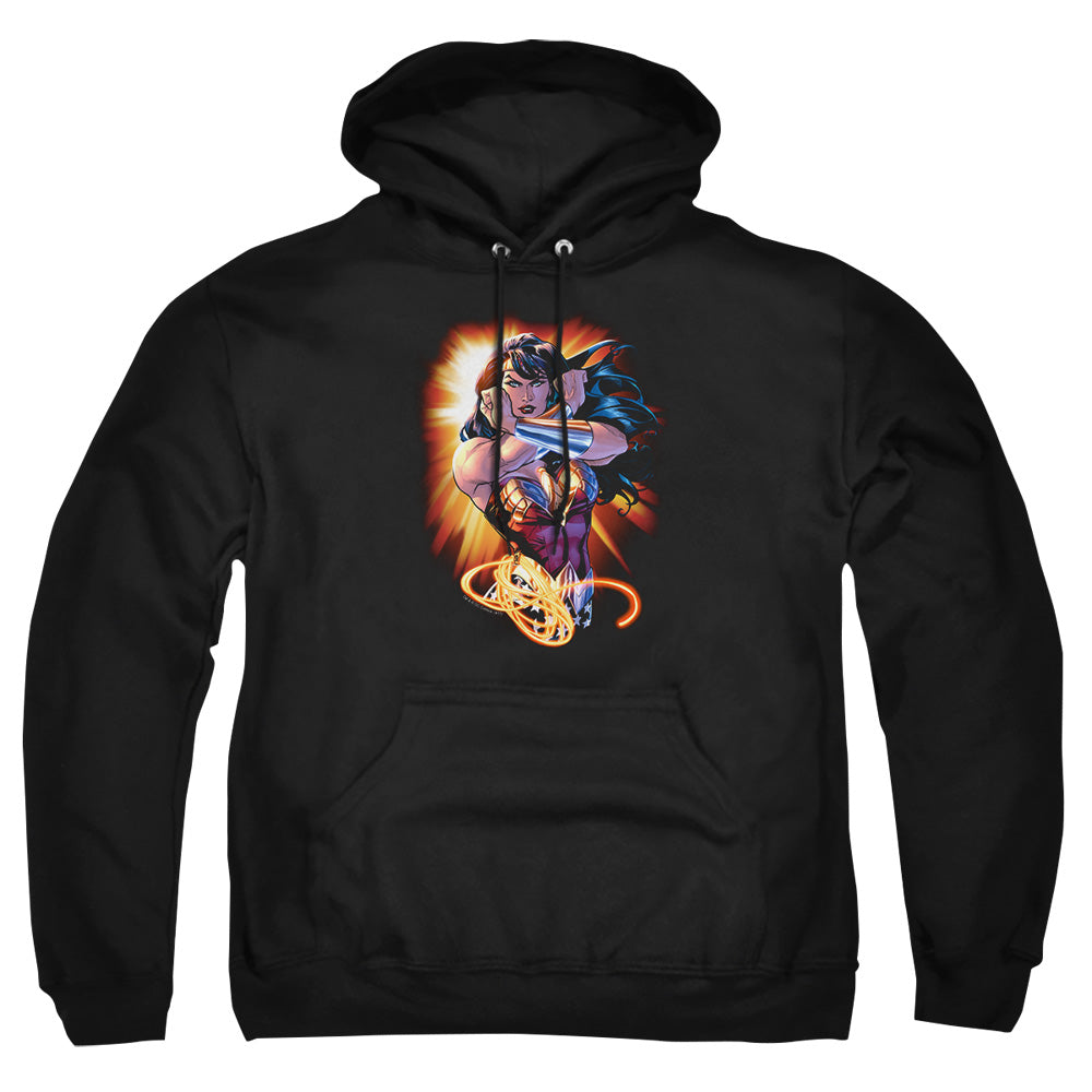 AN OFFCIALLY LICENSED JLA WONDER RAYS ADULT UNISEX PULLOVER HOODIE BLACK