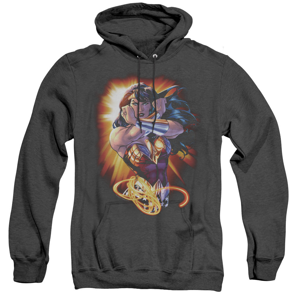 AN OFFCIALLY LICENSED JLA WONDER RAYS ADULT UNISEX HEATHER PULLOVER HOODIE BLACK