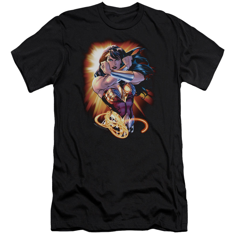 AN OFFCIALLY LICENSED JLA WONDER RAYS MEN'S PREMIUM SLIM FIT T-SHIRT BLACK