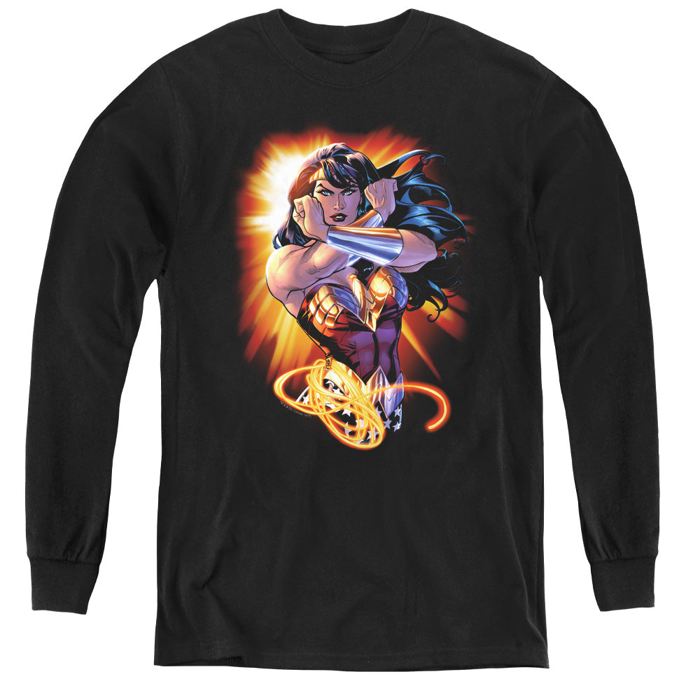 AN OFFCIALLY LICENSED JLA WONDER RAYS YOUTH LONG SLEEVE T-SHIRT BLACK