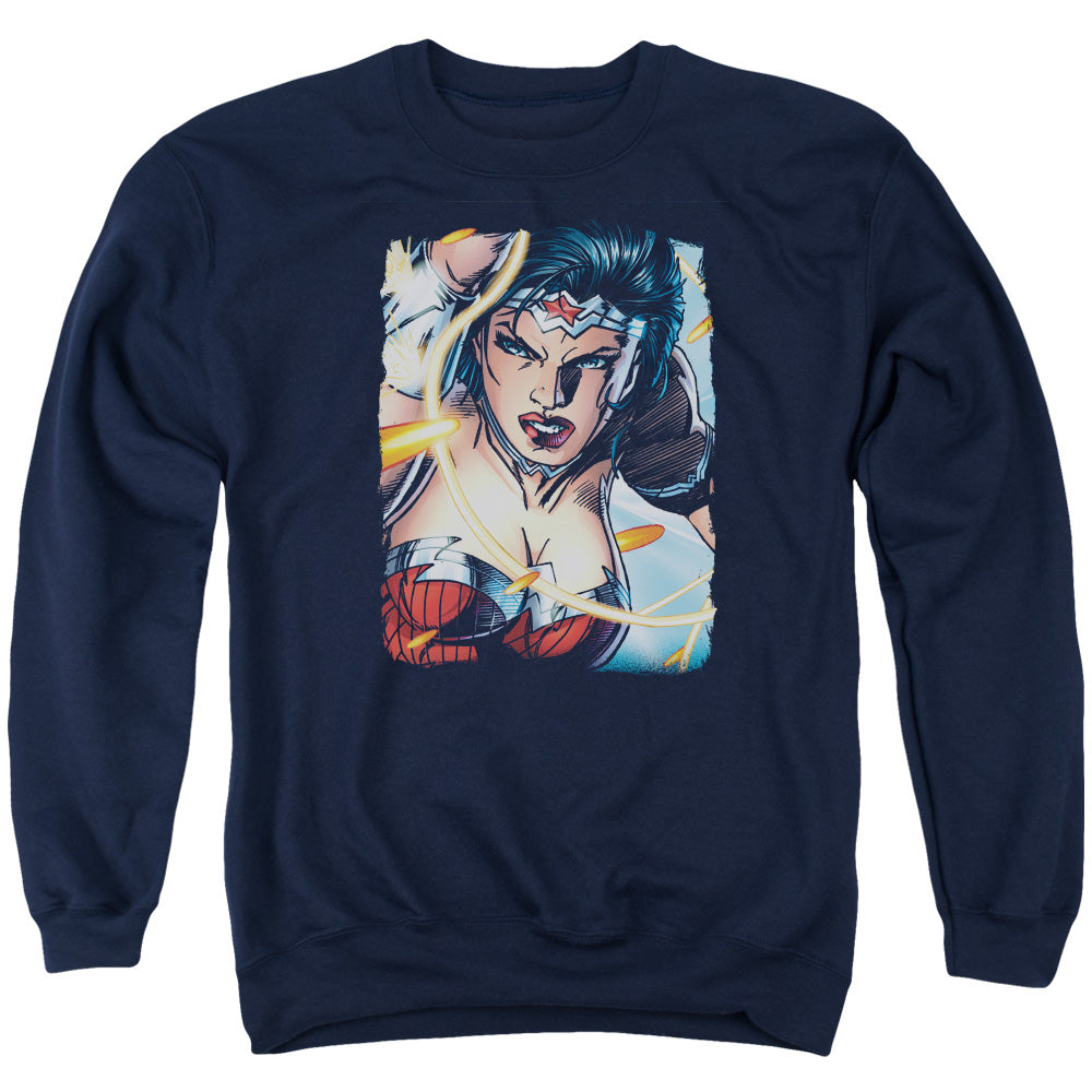 AN OFFCIALLY LICENSED JLA SCOWL ADULT UNISEX CREWNECK SWEATSHIRT NAVY