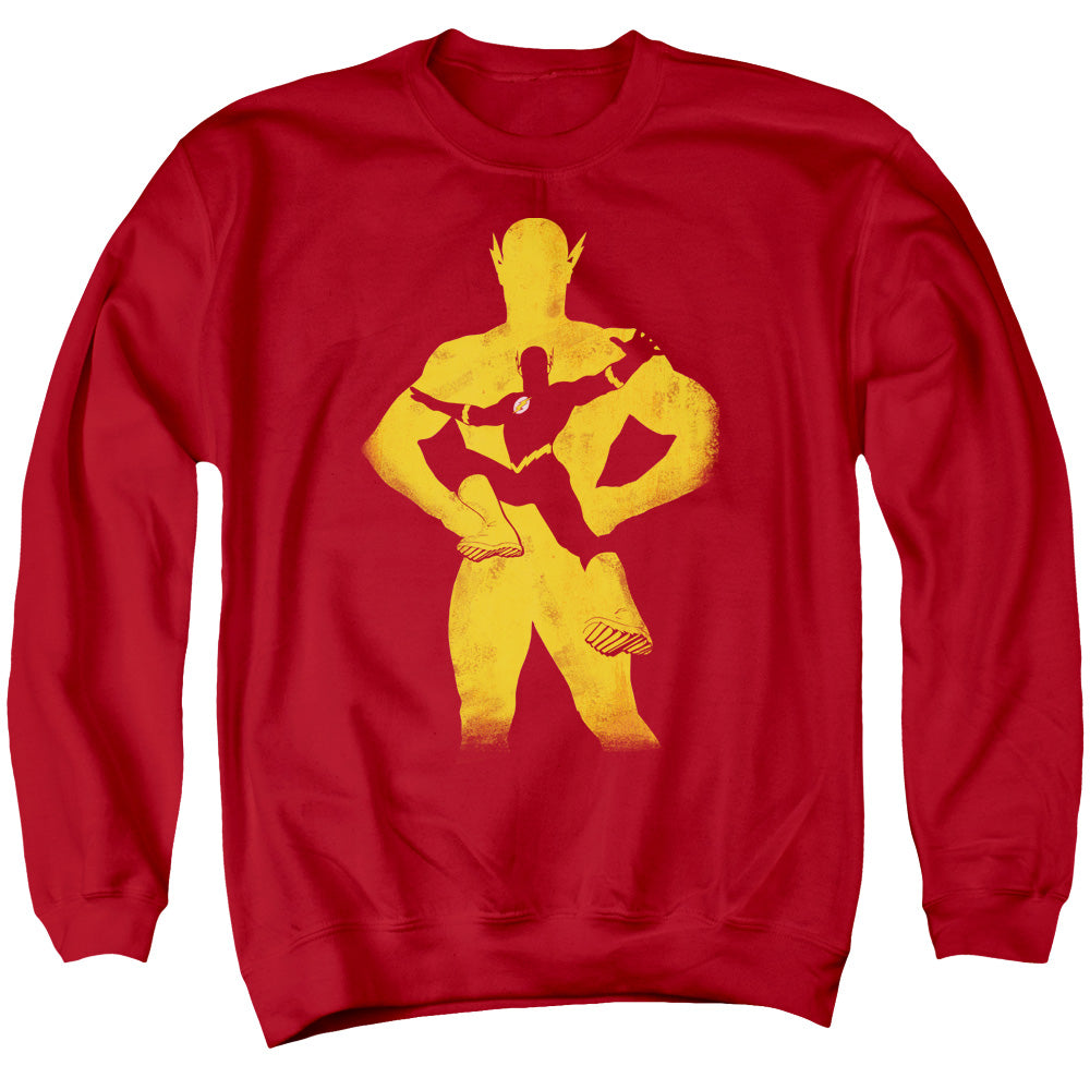 AN OFFCIALLY LICENSED JLA FLASH KNOCKOUT ADULT UNISEX CREWNECK SWEATSHIRT RED