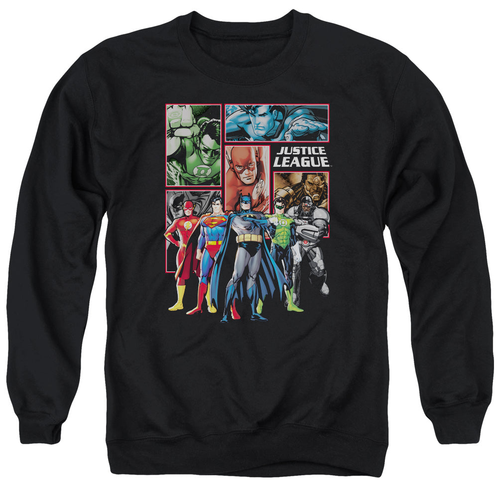 AN OFFCIALLY LICENSED JLA NEW JLA PANELS ADULT UNISEX CREWNECK SWEATSHIRT BLACK
