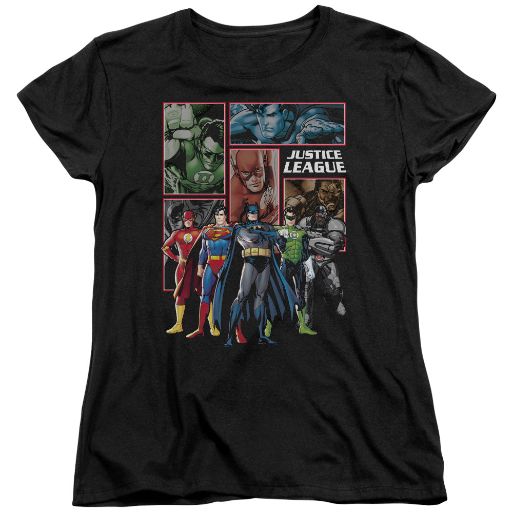 AN OFFCIALLY LICENSED JLA NEW JLA PANELS WOMEN'S REGULAR FIT T-SHIRT BLACK