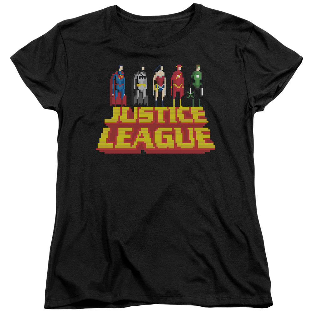 AN OFFCIALLY LICENSED JLA STANDING ABOVE WOMEN'S REGULAR FIT T-SHIRT BLACK
