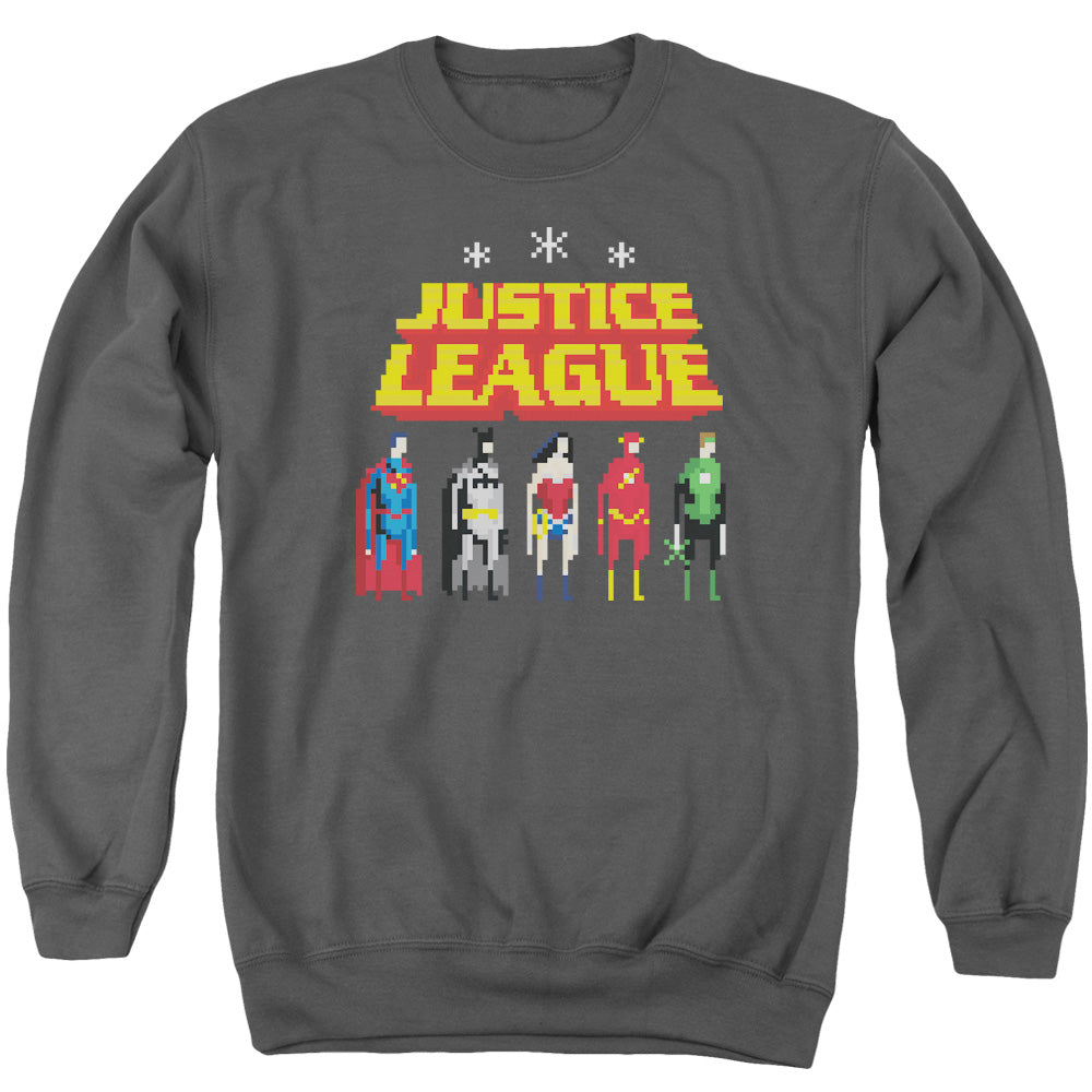 AN OFFCIALLY LICENSED JLA STANDING BELOW ADULT UNISEX CREWNECK SWEATSHIRT CHARCOAL