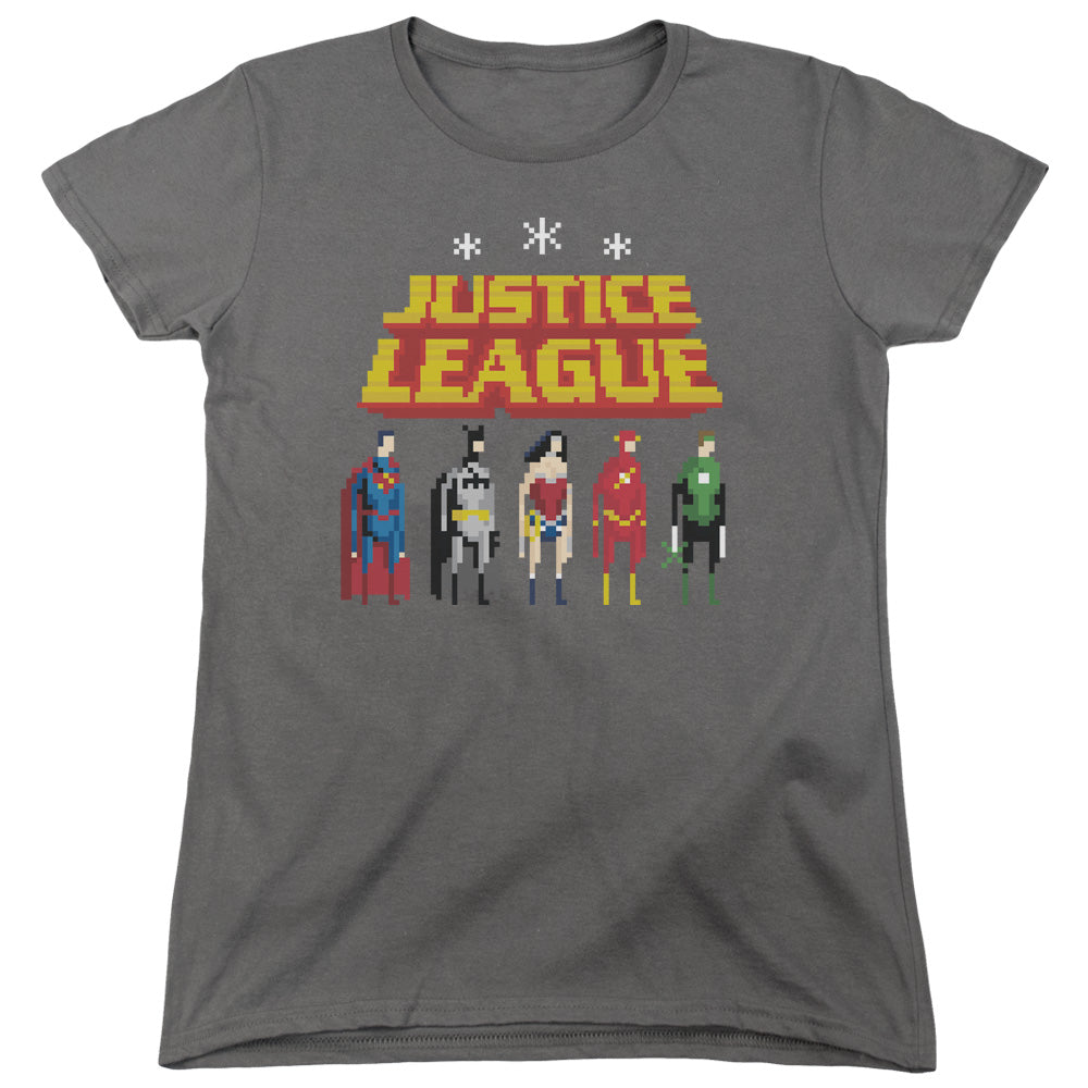 AN OFFCIALLY LICENSED JLA STANDING BELOW WOMEN'S REGULAR FIT T-SHIRT CHARCOAL
