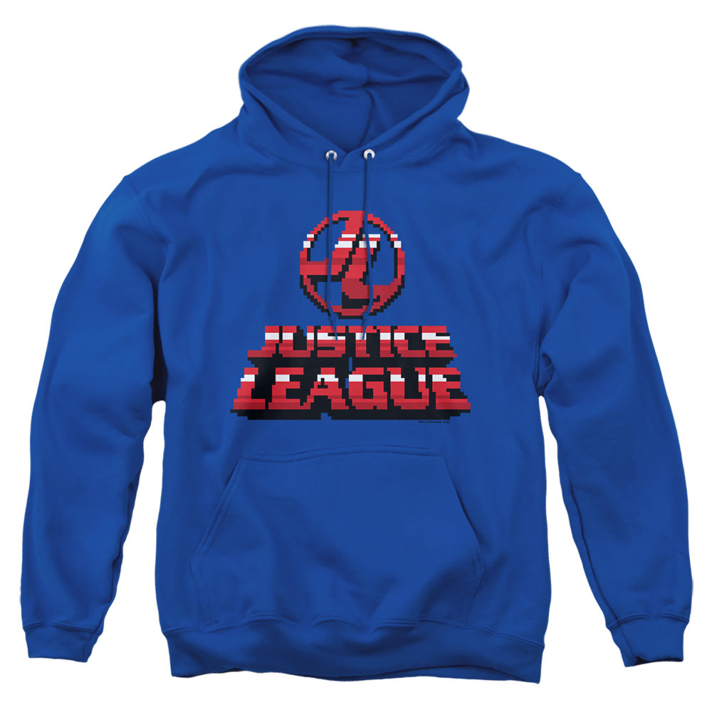 AN OFFCIALLY LICENSED JLA 8 BIT JLA ADULT UNISEX PULLOVER HOODIE ROYAL