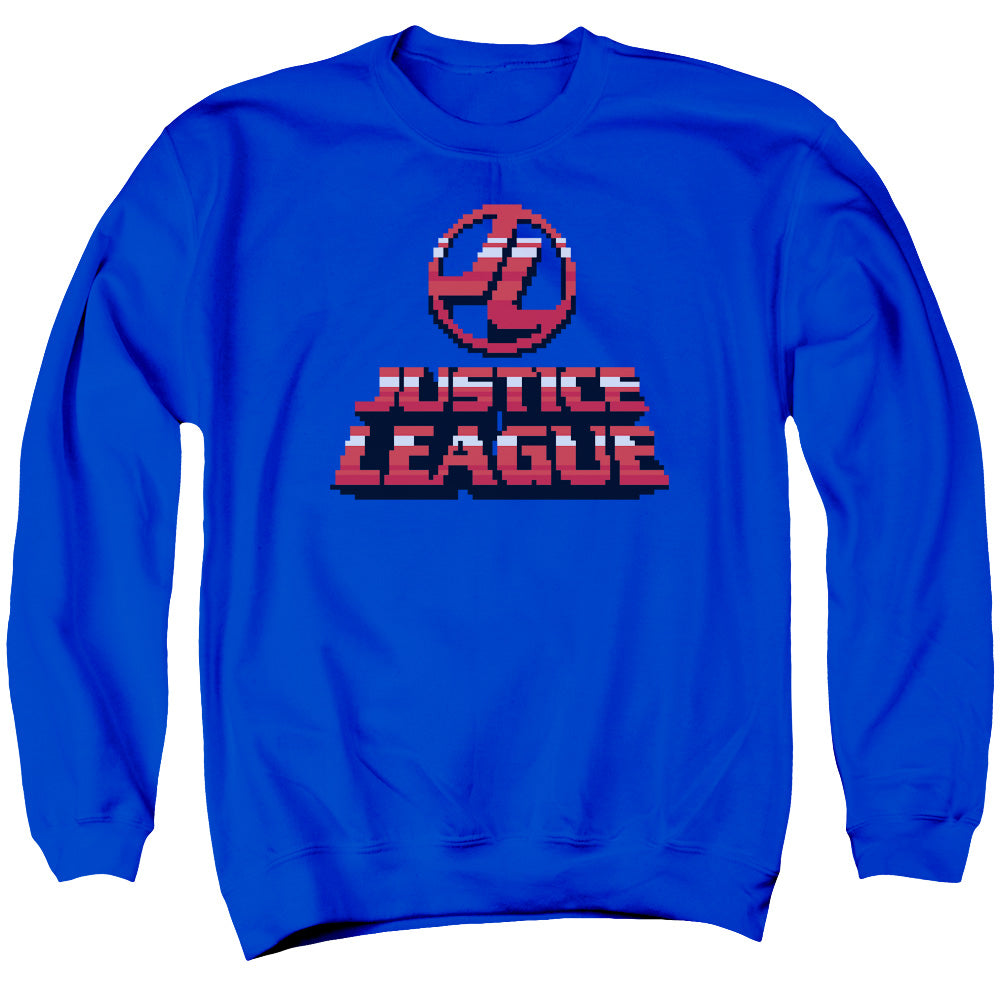 AN OFFCIALLY LICENSED JLA 8 BIT JLA ADULT UNISEX CREWNECK SWEATSHIRT ROYAL
