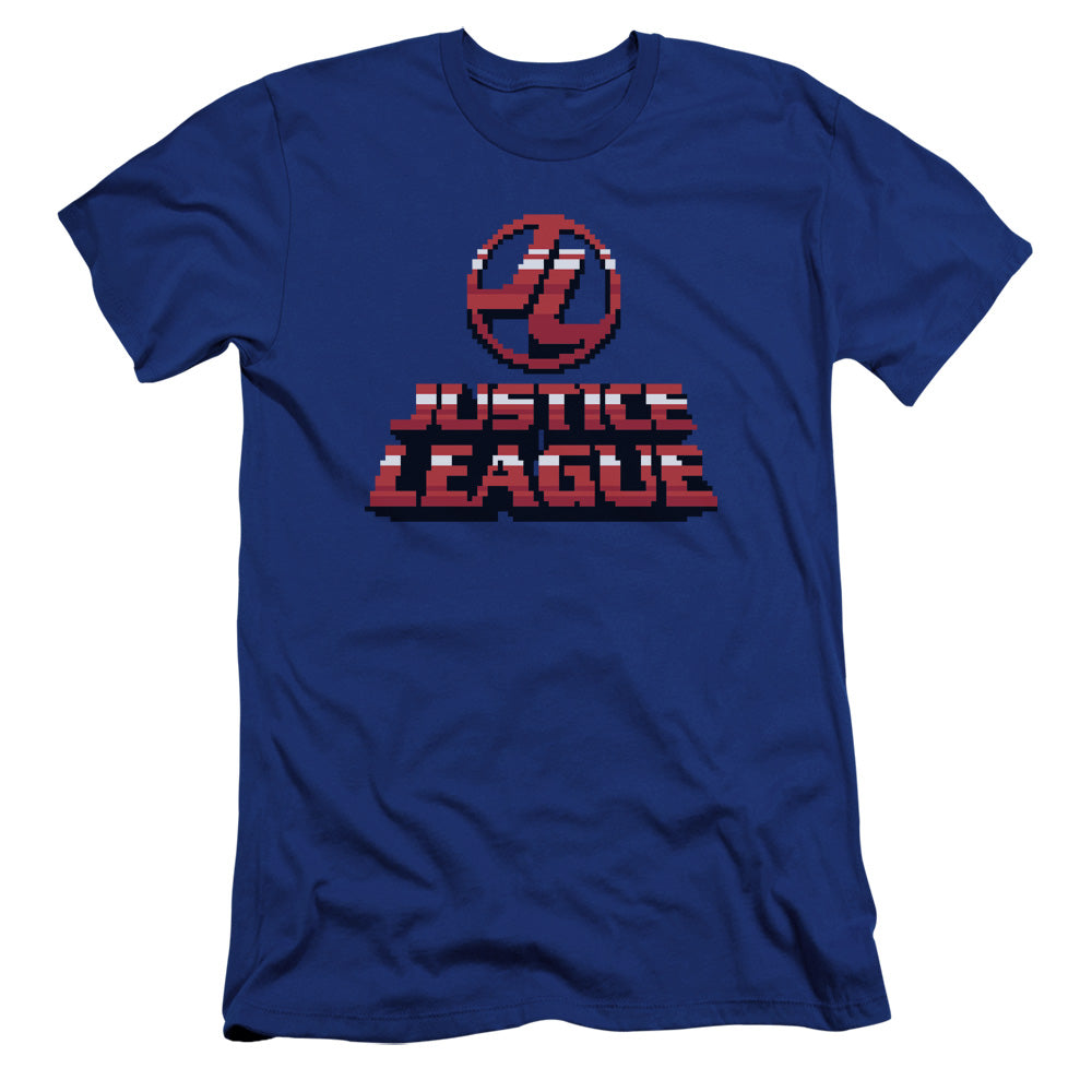 AN OFFCIALLY LICENSED JLA 8 BIT JLA MEN'S PREMIUM SLIM FIT T-SHIRT ROYAL